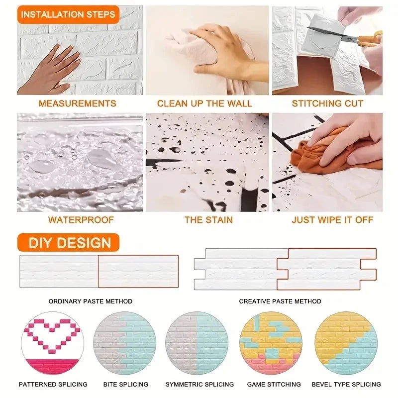 3D Self-Adhesive Brick Wallpaper – Waterproof Peel and Stick for Home Decor