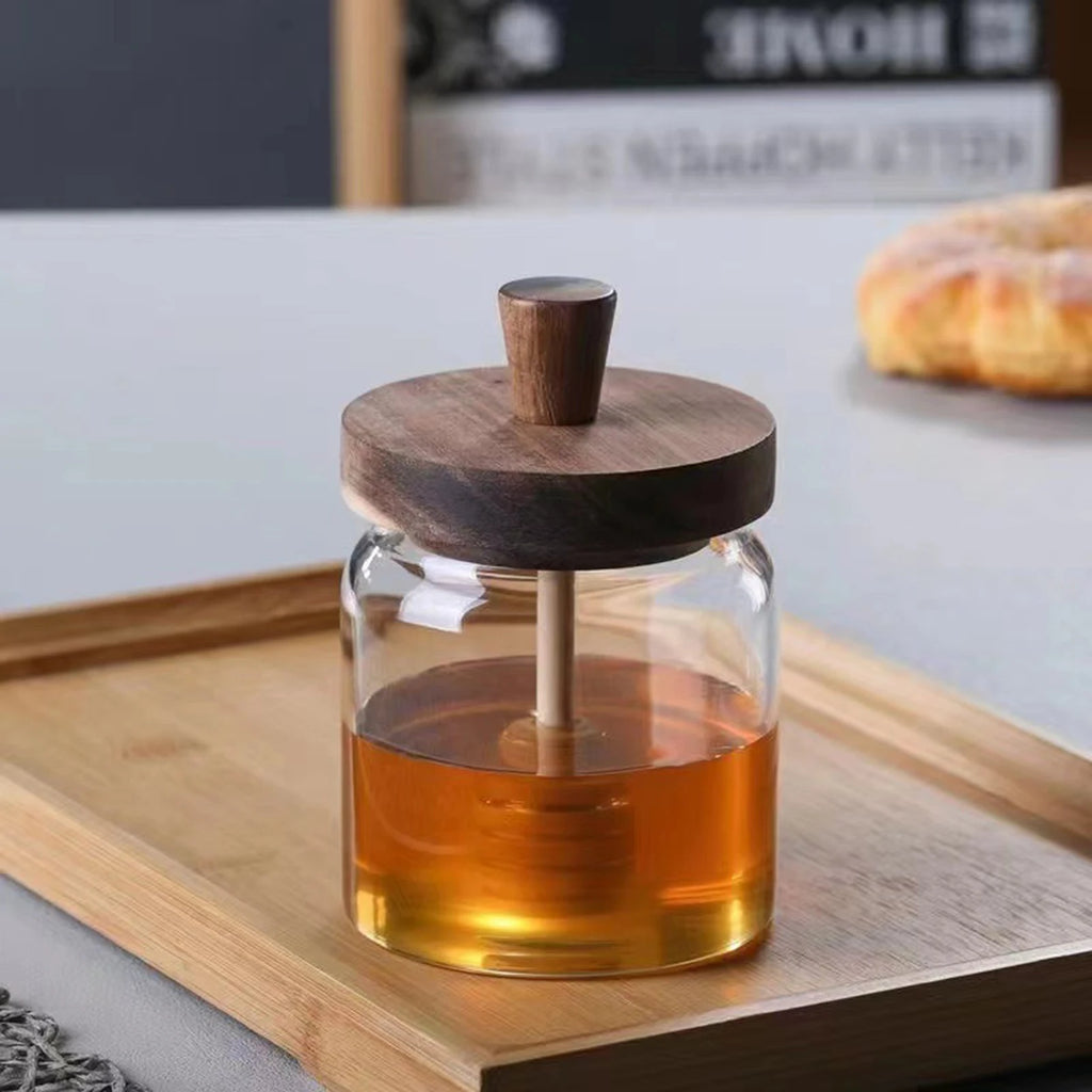 Glass Honey Dispenser – Wide Mouth Jar with Dipper for Syrup Storage
