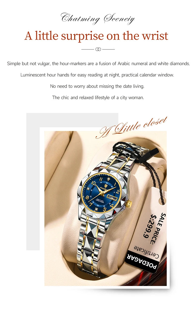 POEDAGAR Quartz Women's Watch – Stainless Steel Waterproof Date for Dress