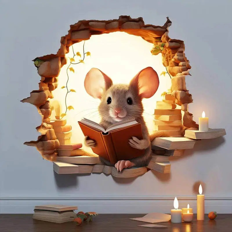 Mouse Hole Wall Sticker – Vinyl Book Lover Decal for Home Library Decor