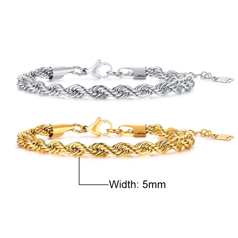 Stainless Steel Rope Chain Bracelet – Unisex Twisted Link Jewelry for Gift