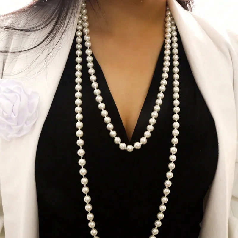 Long Simulated Pearl Necklace – Handmade Beaded Sweater Chain for Fashion