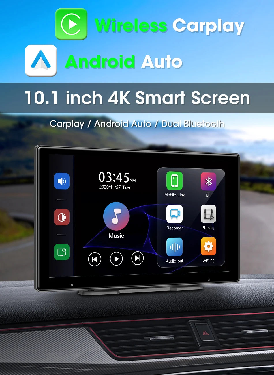 10 Inch 4K Dash Cam – Wireless Carplay GPS Navigator for Vehicle Dashboard