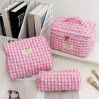 Large Checkered Cotton Cosmetic Bag – Plaid Travel Toiletry Organizer for Women