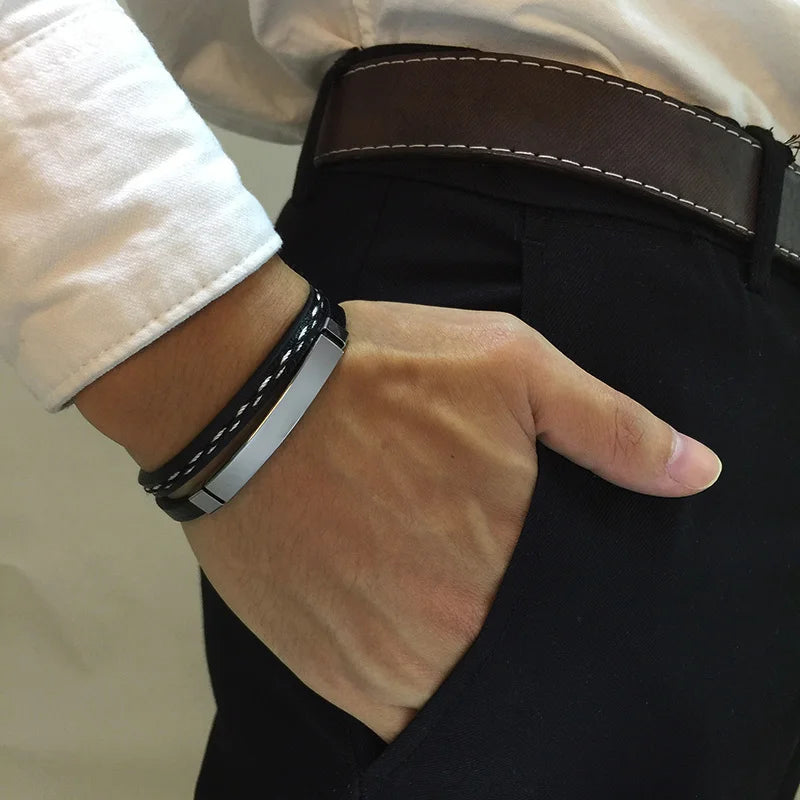 Genuine Leather Bar Bracelet – Stainless Steel Layered Bangle for Men Women