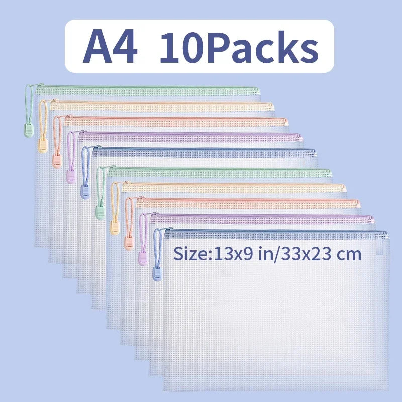 Clear Mesh Zipper Pouches – Waterproof A4/A5 Plastic Bags for Office Storage