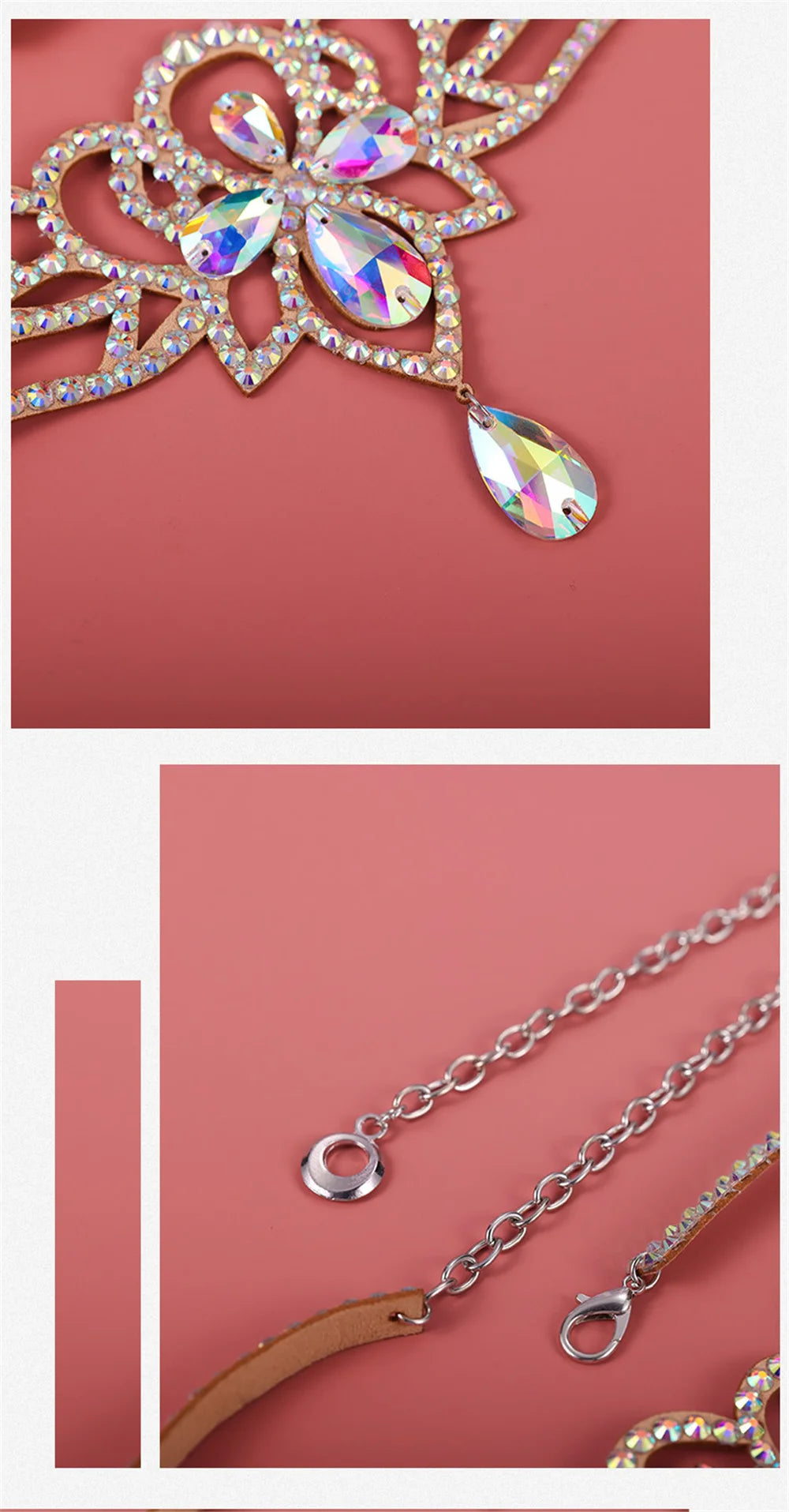 Rhinestone choker necklace with iridescent teardrop crystals and adjustable chain clasp