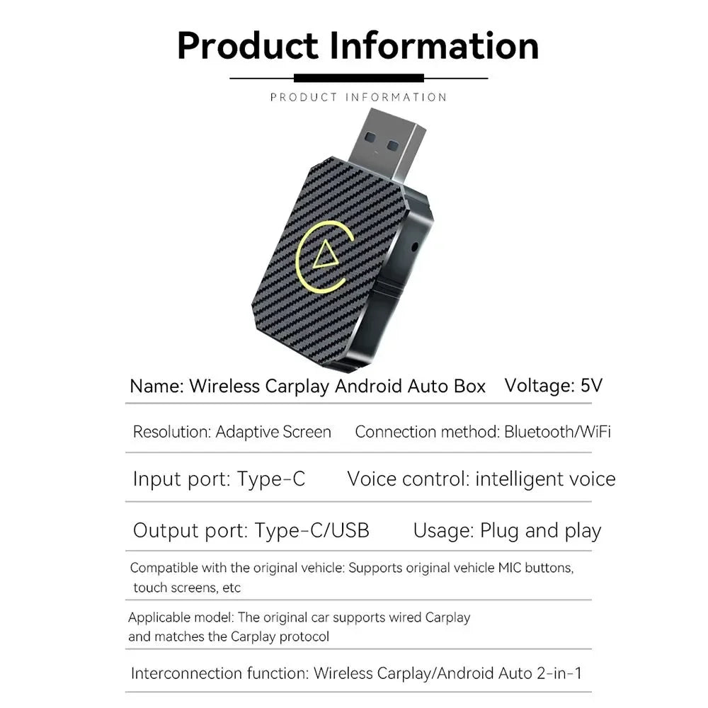 Wireless CarPlay and Android Auto Adapter – 5GHz USB Plug and Play for Cars