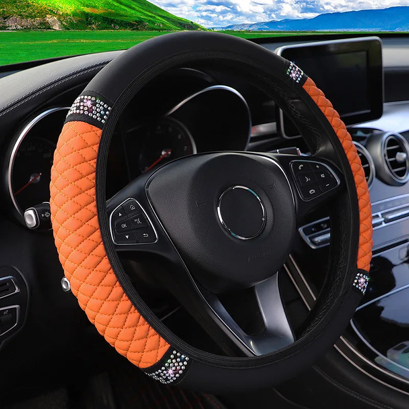 Embroidered Diamond Steering Wheel Cover – Universal Leather for Car Interior