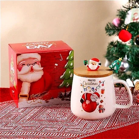Ceramic Christmas Tree Mug – Festive Coffee Cup with Lid and Spoon for Gifts