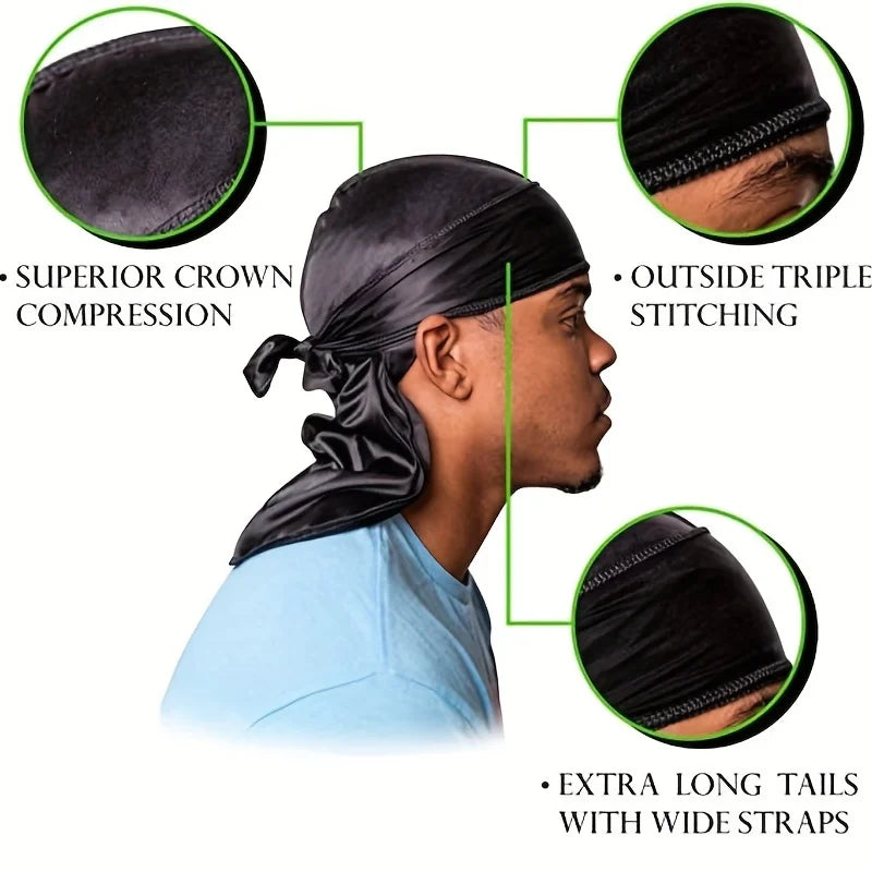 Silky Durag Headwrap – Long Tail Wave Cap for Men Hair Maintenance