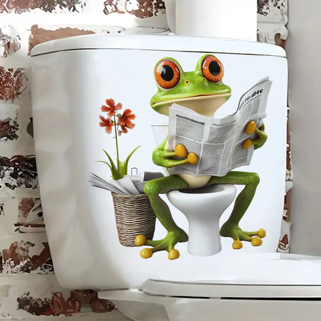 Funny Frog Reading Newspaper Toilet Sticker – Creative Bathroom Wall Decor