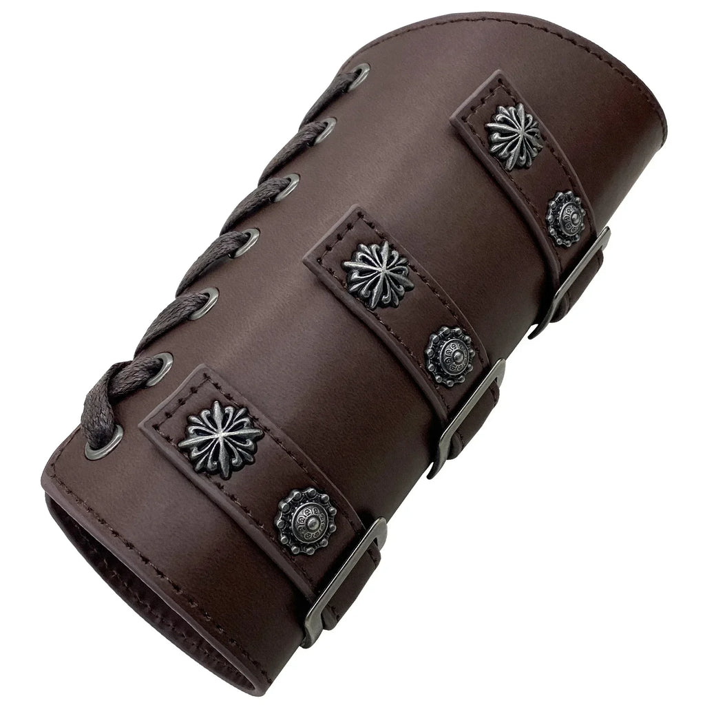Brown faux leather wrist cuff with metal studs, decorative buckles, and lace-up design