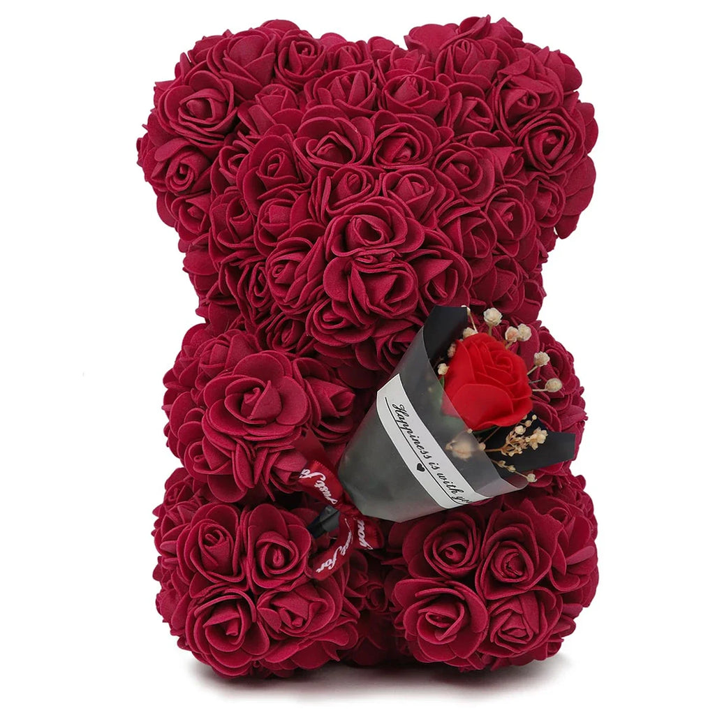 Artificial Rose Teddy Bear – 25cm Flower Figurine for Anniversary Gifts