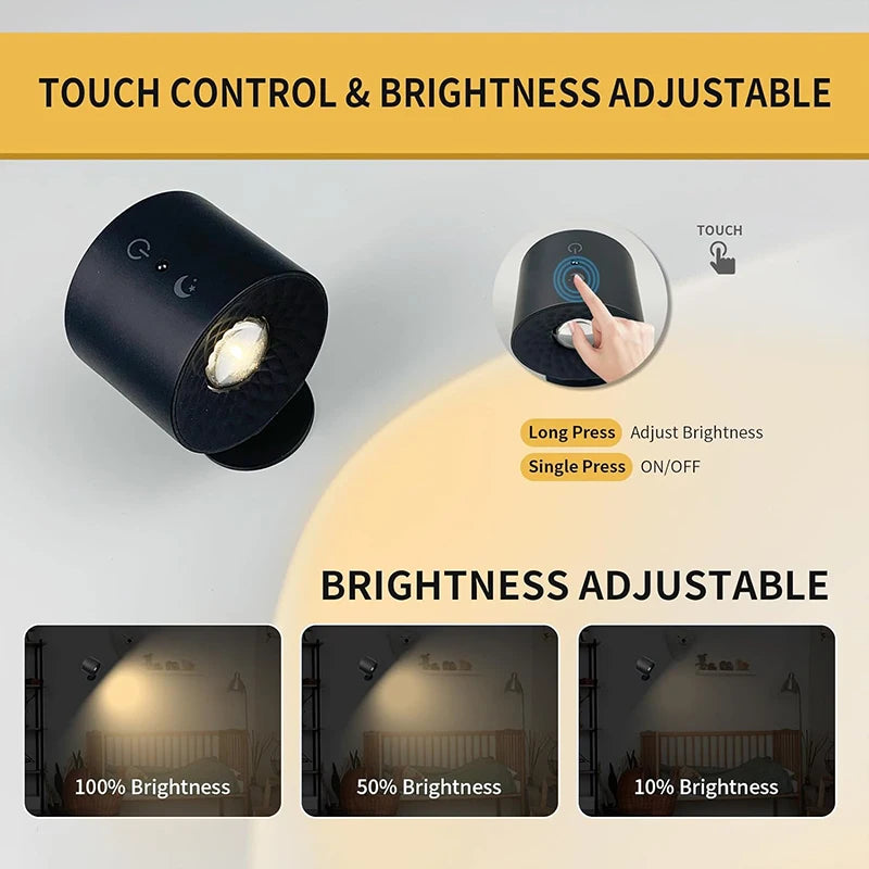 Wireless Double Head LED Wall Lamp – 360 Rotating Night Light for Bedroom Reading