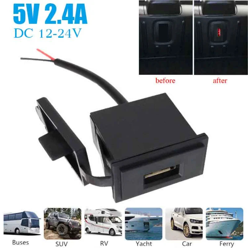 Waterproof USB Car Charger – 2.4A Power Socket for Motorcycle RV and Boat