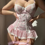 Pink Lace Bodysuit – Bow Knot Perspective Lingerie for Sexy Cosplay