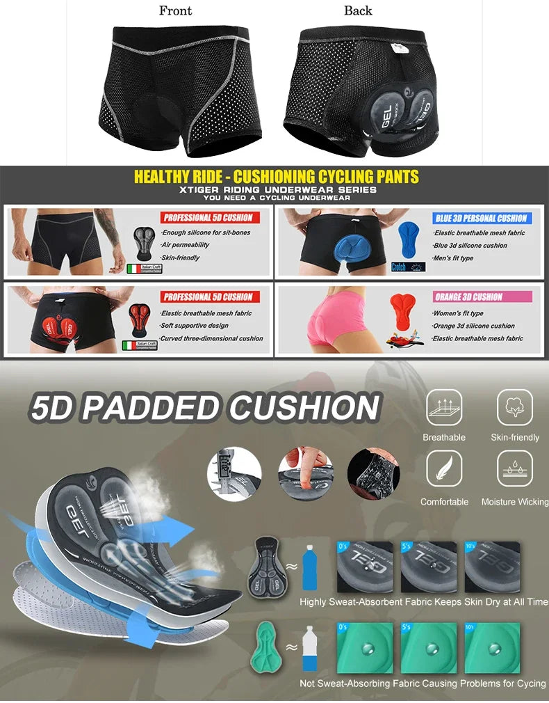 Padded Cycling Underwear Shorts – 5D Gel Breathable Liner for MTB Road Bike