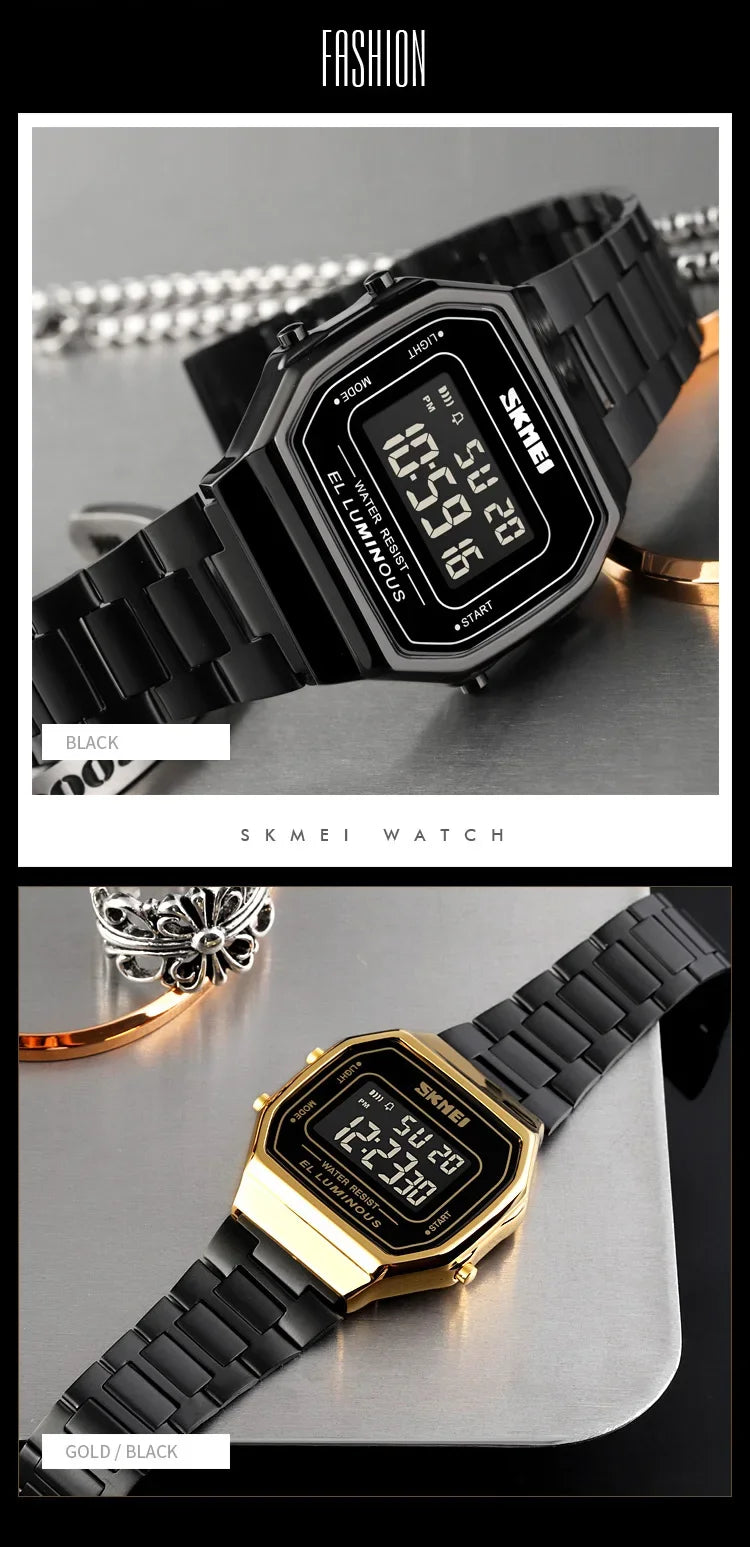 Retro LED Digital Watch – Stainless Steel Wristwatch for Men