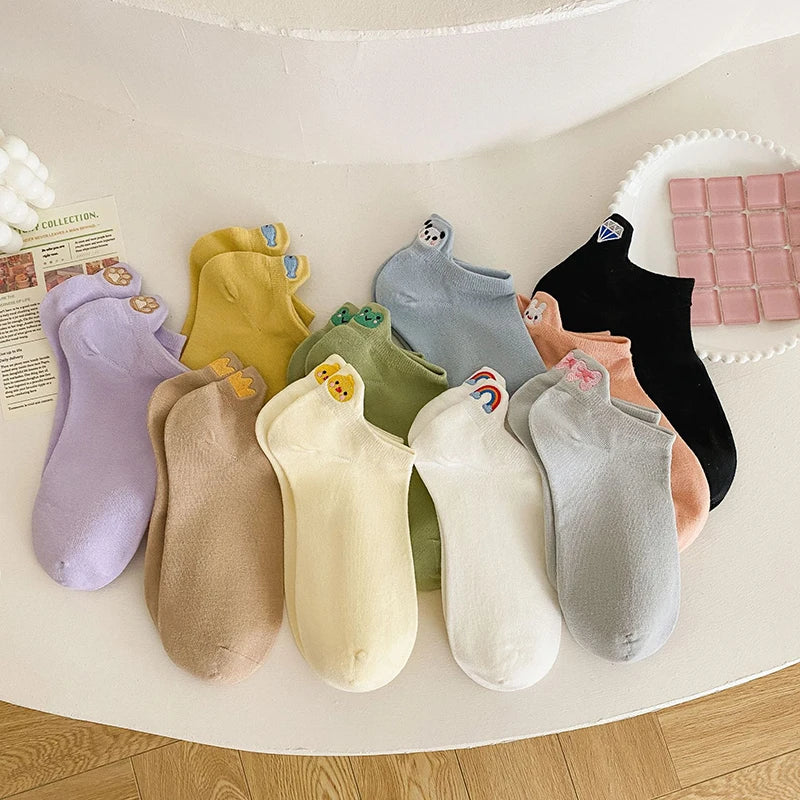 Embroidered Cotton Animal Socks – Breathable Casual Footwear for Women