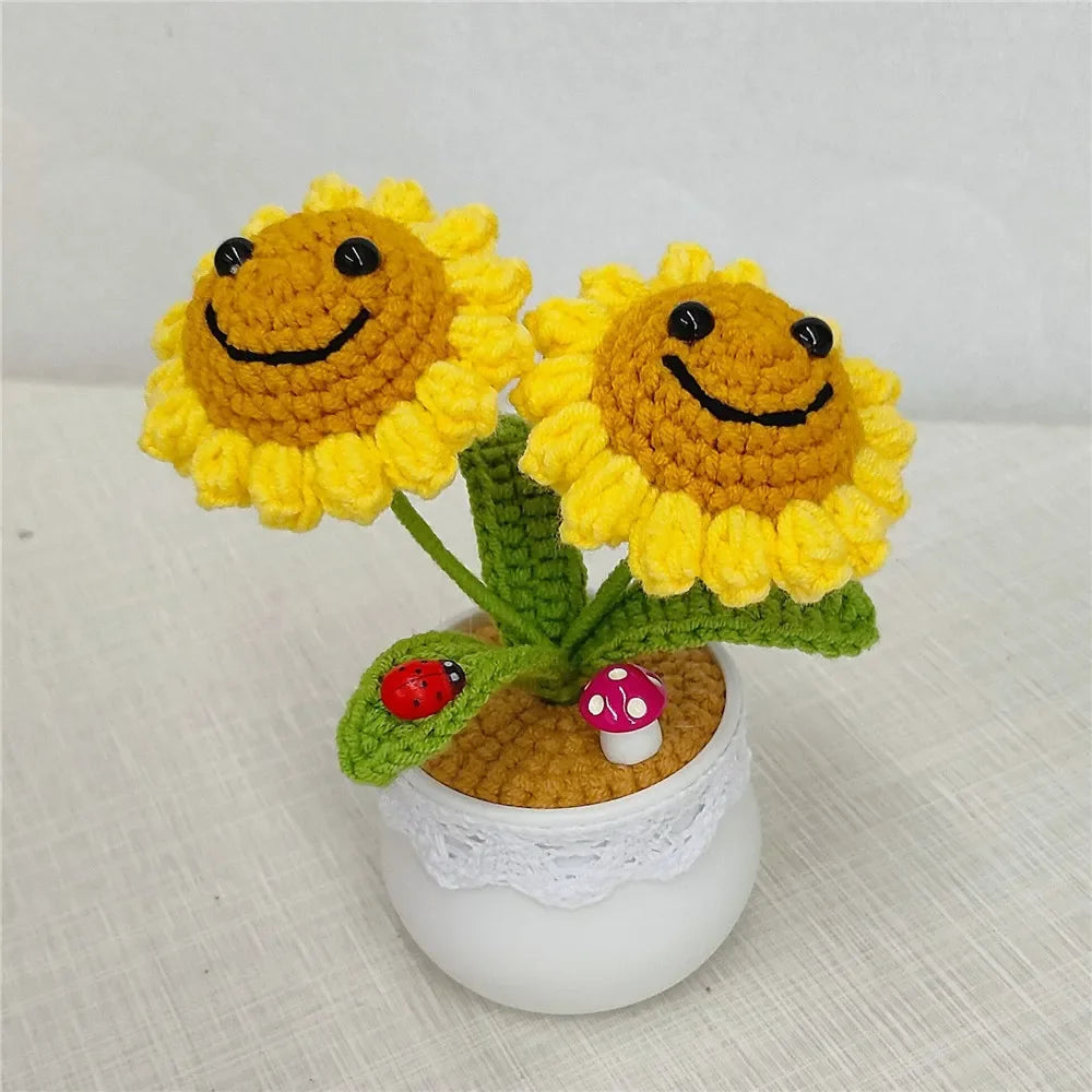 Knitted Sunflower and Pea Shooter – Plush Desk Decor for Home Office Gifts