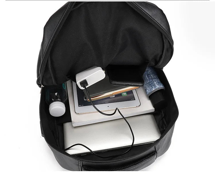PU Leather USB Charging Laptop Backpack – Large Travel Bag for Men and Students