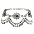 Boho silver chain belt with ornate floral medallions and dangling coin charms