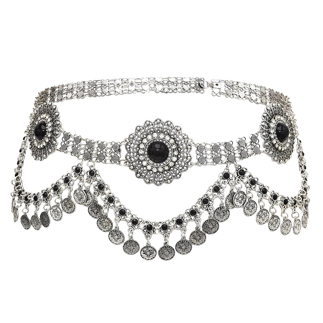 Boho silver chain belt with ornate floral medallions and dangling coin charms