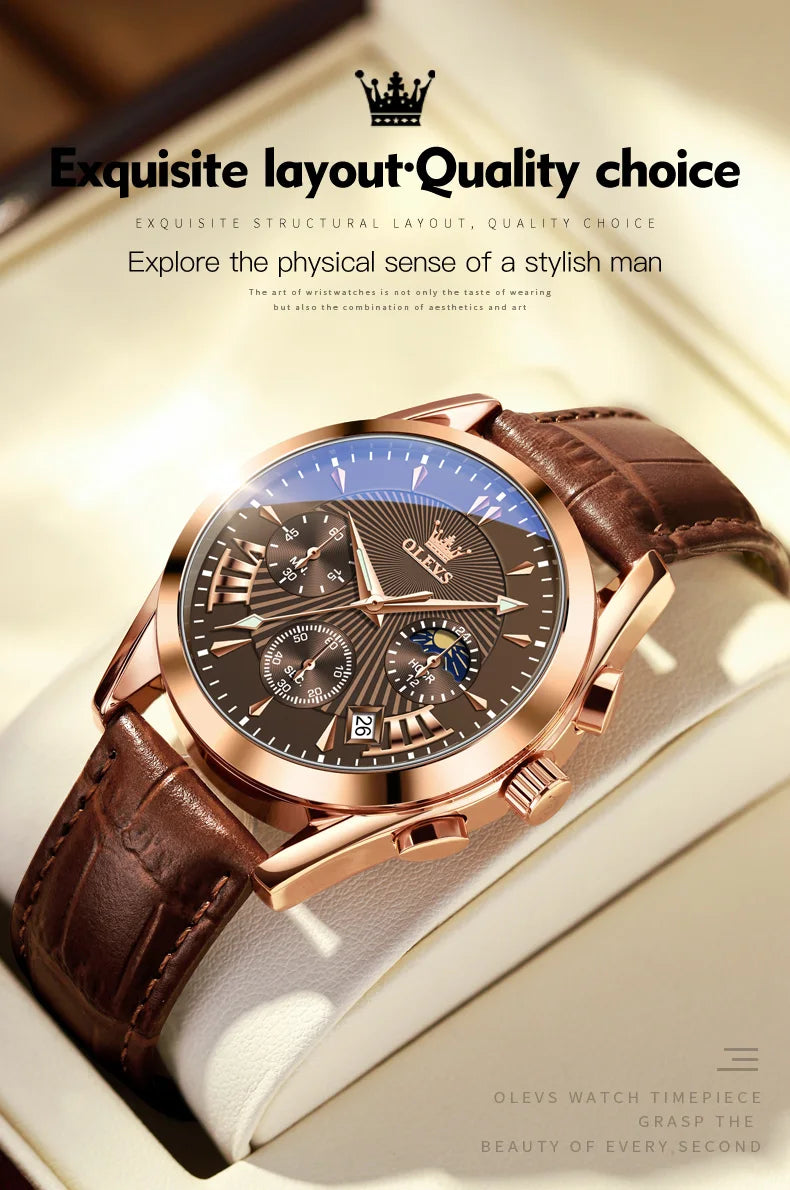 OLEVS Quartz Men's Watch – Luxury Waterproof Leather Wristwatch for Business