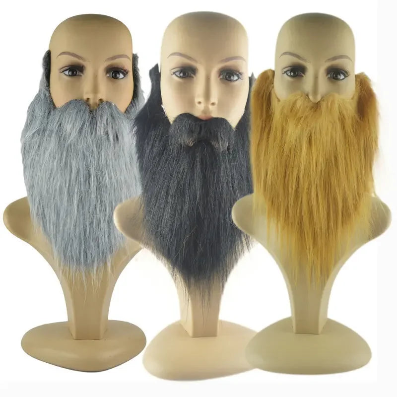 Three mannequin heads with realistic gray, black, and blonde fake beards for costumes
