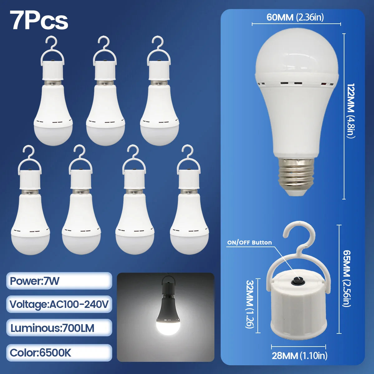 Rechargeable LED Emergency Bulb – Portable 7W Light for Camping and Home Power