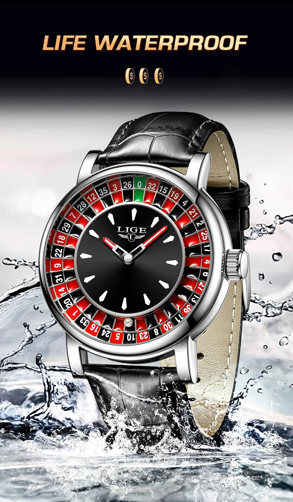 LIGE Roulette Quartz Watch – Luxury Leather Wristwatch for Men Gifts