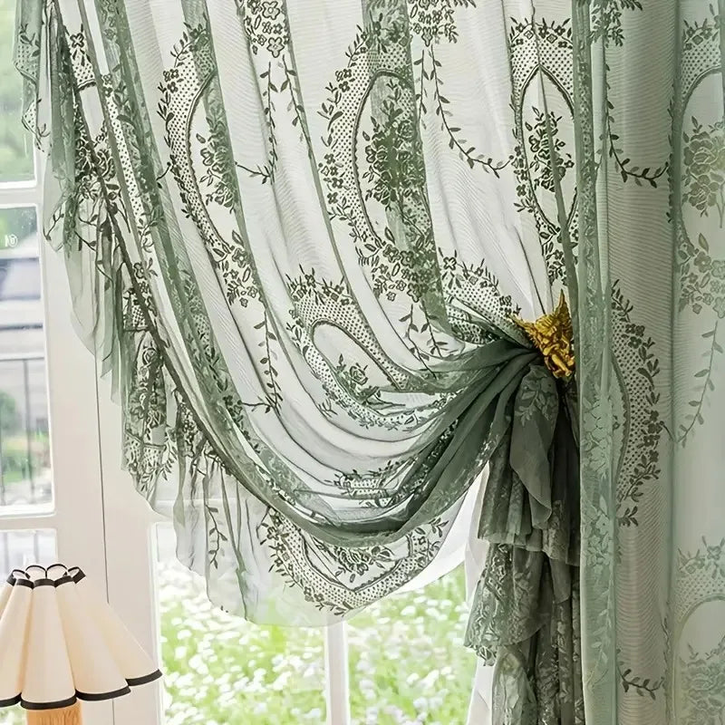 Floral Ruffled Tulle Curtain – Sheer Jacquard Lace Drapes for Living Room