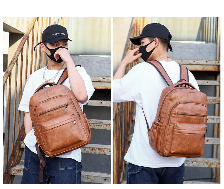 PU Leather USB Charging Laptop Backpack – Large Travel Bag for Men and Students