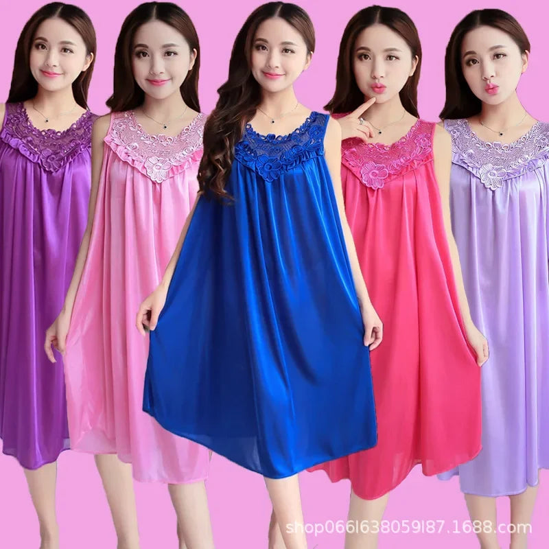 Ice Silk Sleep Dress – Plus Size Women's Tank Nightgown for Summer Housewear