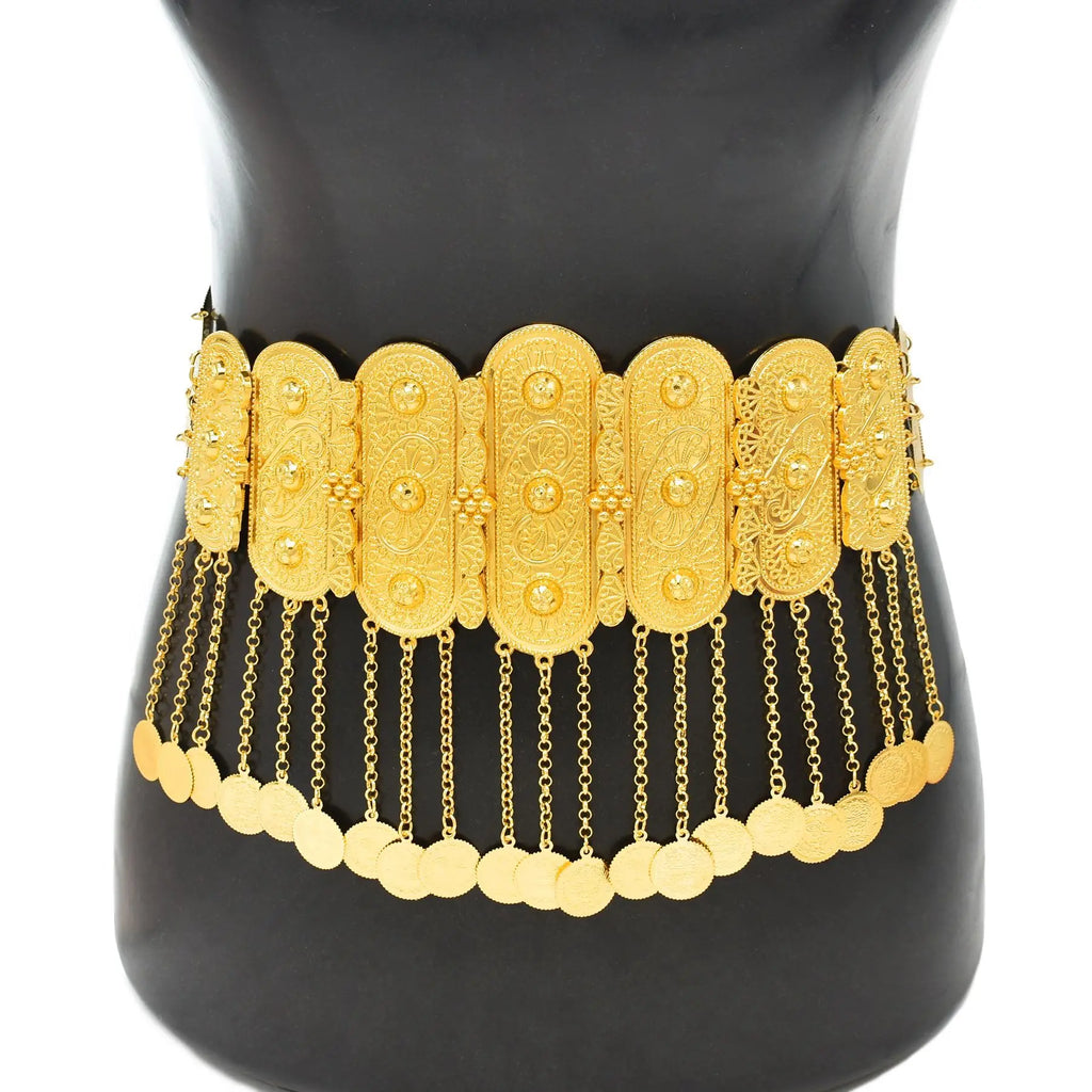 Gold metal waist belt with ornate plates and dangling chain coins on mannequin torso