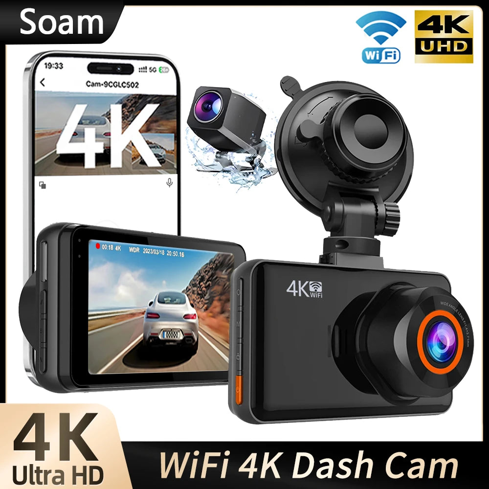 4K Dash Cam – Front and Rear WiFi Video Recorder for Vehicle Parking Safety