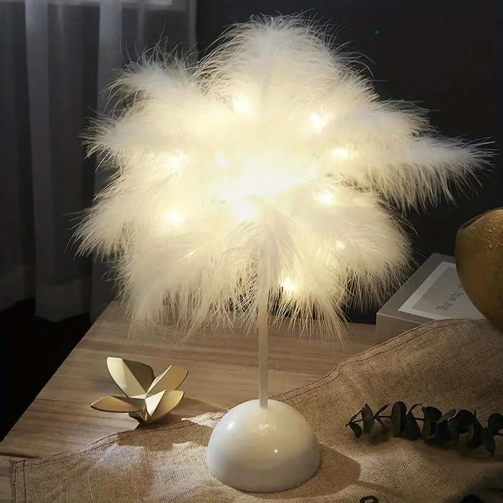 Feather LED Table Lamp – Battery-Powered Portable Night Light for Kids Bedroom