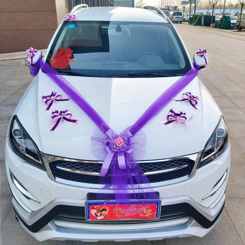 Silk Flower Wedding Car Decoration Kit – Floral Ribbons for Bridal Vehicles