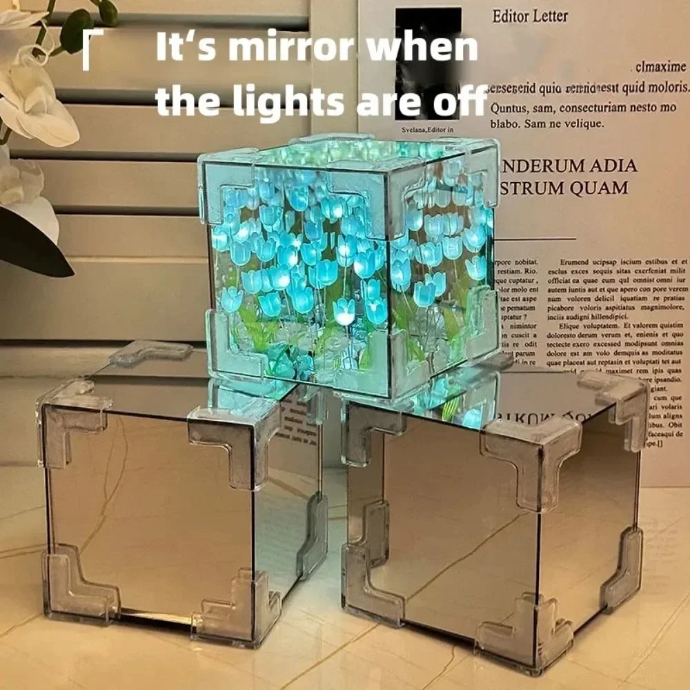 DIY Tulip Flower Sea Cube Night Lamp – Handmade Creative Gift for Girlfriend