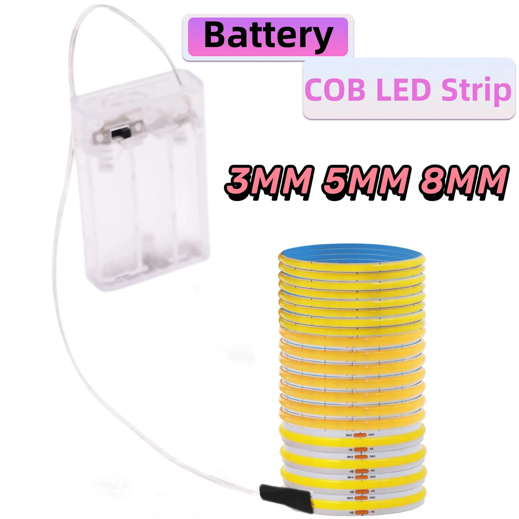 Flexible COB LED Strip Light – High Density Battery Powered for Night Decor