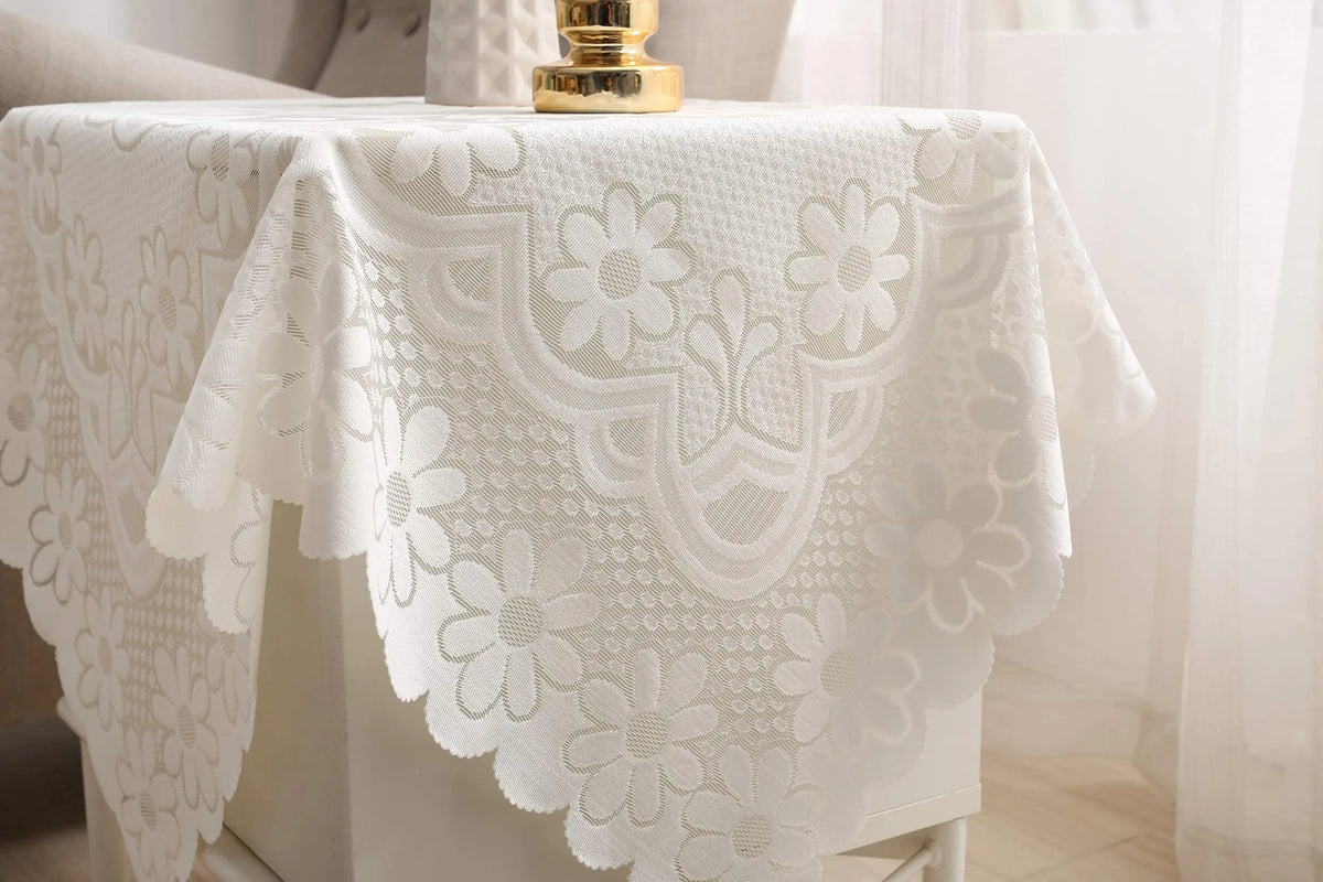 Embroidered Lace Tablecloth – Vintage White Floral Cover for Wedding Party
