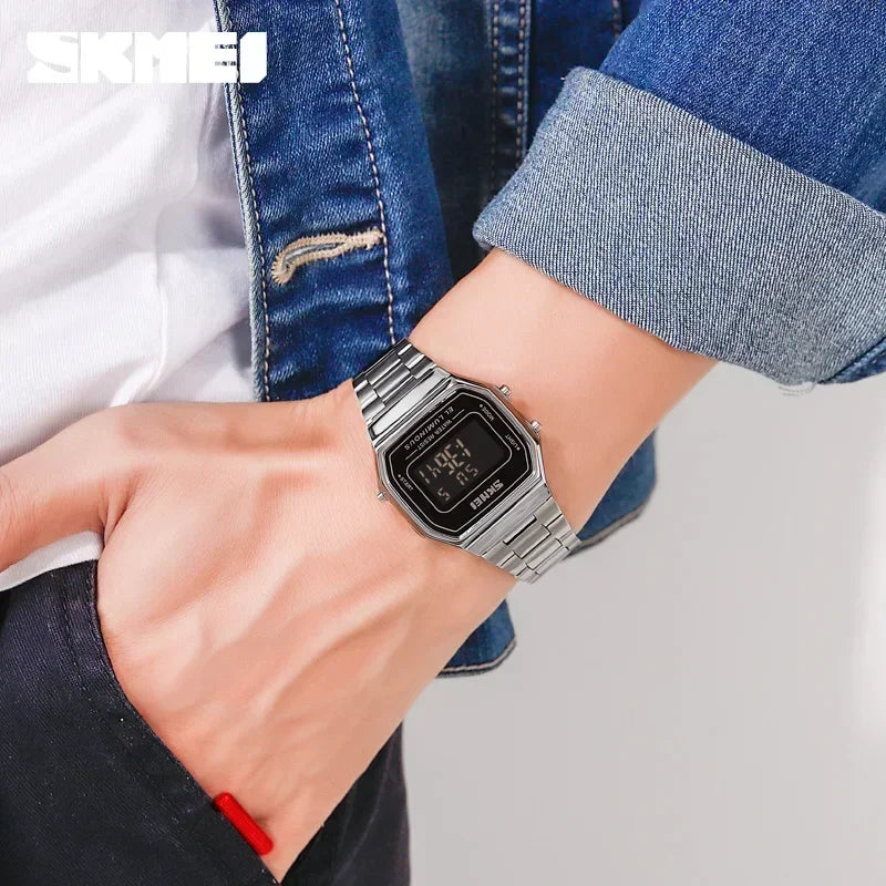 Retro LED Digital Watch – Stainless Steel Wristwatch for Men