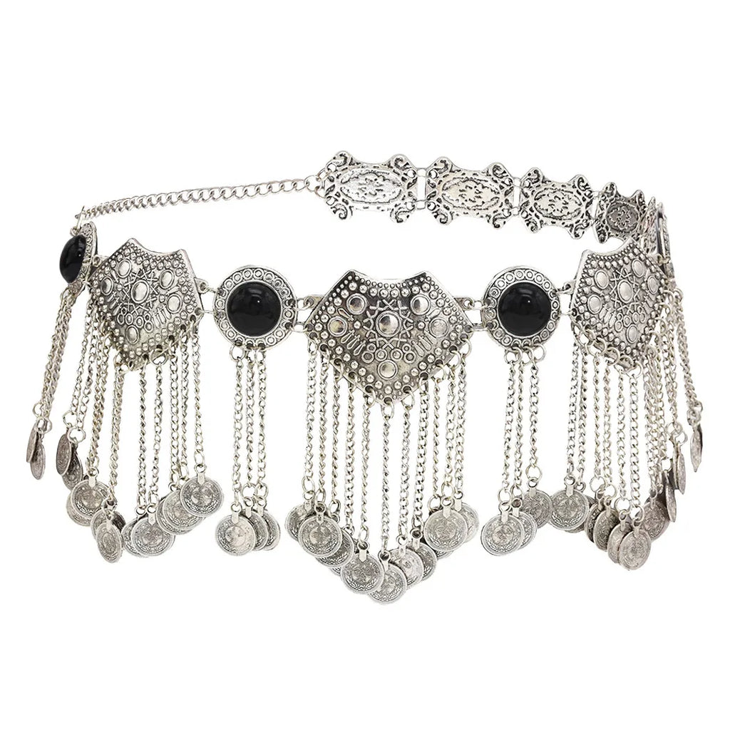 Boho silver coin belt with black accents and intricate filigree, chain fringe detail