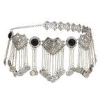 Boho silver coin belt with black accents and intricate filigree, chain fringe detail