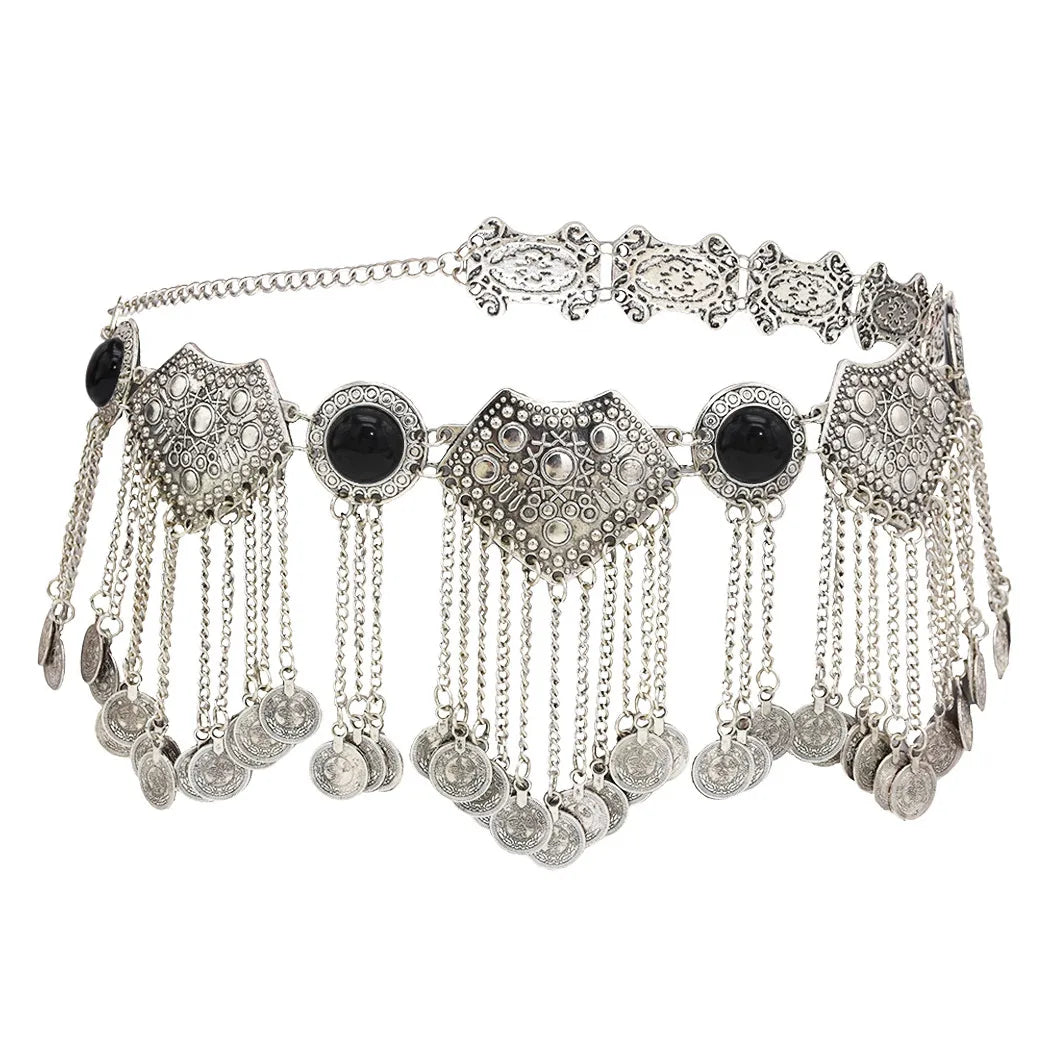 Boho silver coin belt with black accents and intricate filigree, chain fringe detail