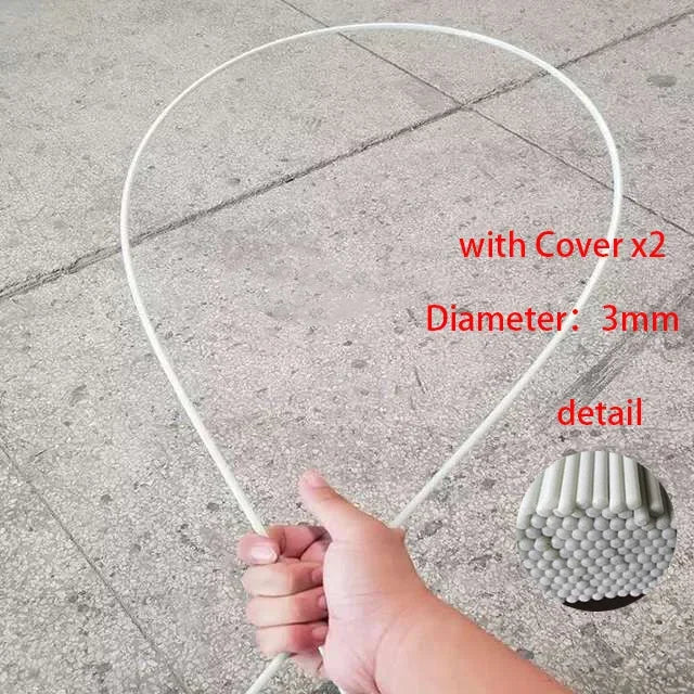 Hand holding flexible white rod with 3mm diameter, outdoor ground, product detail inset.