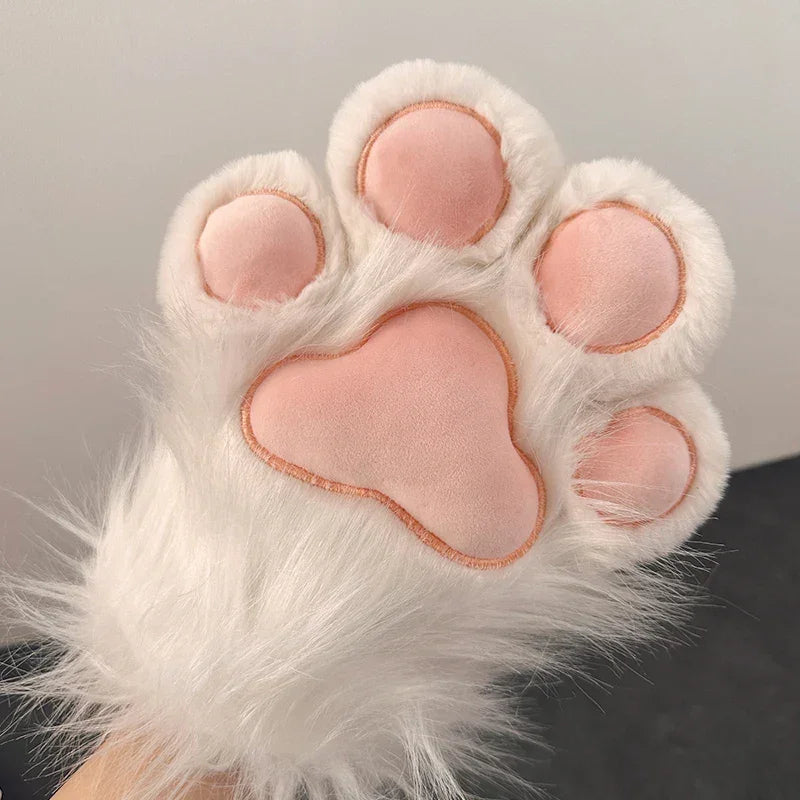 Plush white cat paw glove with pink paw pads, soft toy accessory for home or cosplay
