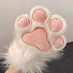 Plush white cat paw glove with pink paw pads, soft toy accessory for home or cosplay