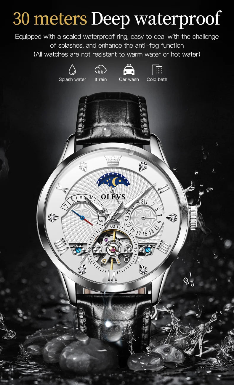 OLEVS Automatic Mechanical Watch – Leather Strap Flywheel for Business Casual